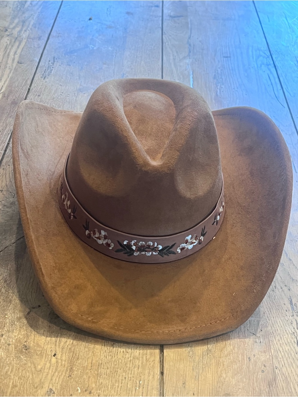 Lulus Brown Western Cowboy Hat w/ Floral Embroidered Hatband Festival Rodeo Girl